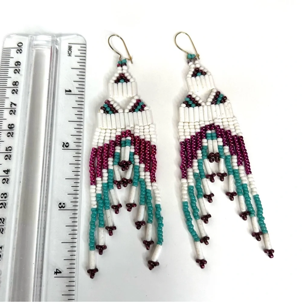 Hand Made 4” Fringe Dangle Beaded Earrings - Picture 4 of 7